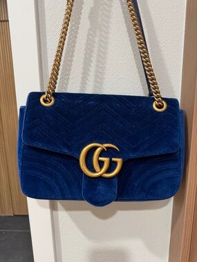 Gucci GG Marmont Blue Velvet Medium Shoulder Bag Heart Back